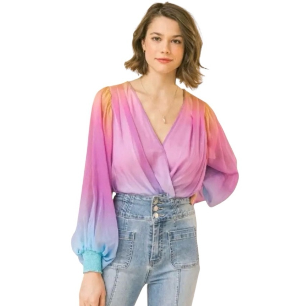 Flying Tomato Pastel Rainbow Long Sleeve V-Neck Bodysuit Women’s Size Large